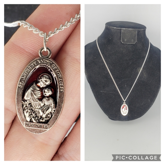 St. Anthony Red Enamel Silvertone Medallion Necklace - Picture 1 of 5